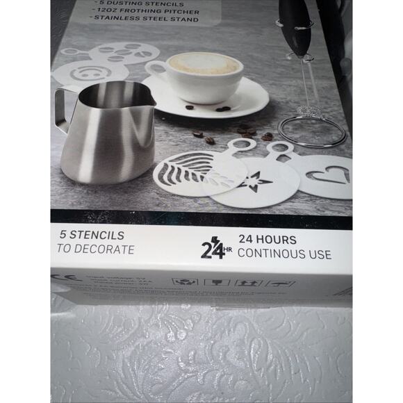 At Home Barista Kit Frother Dusting Stencils 12oz Frothing Pitcher & Stand - Picture 4 of 10
